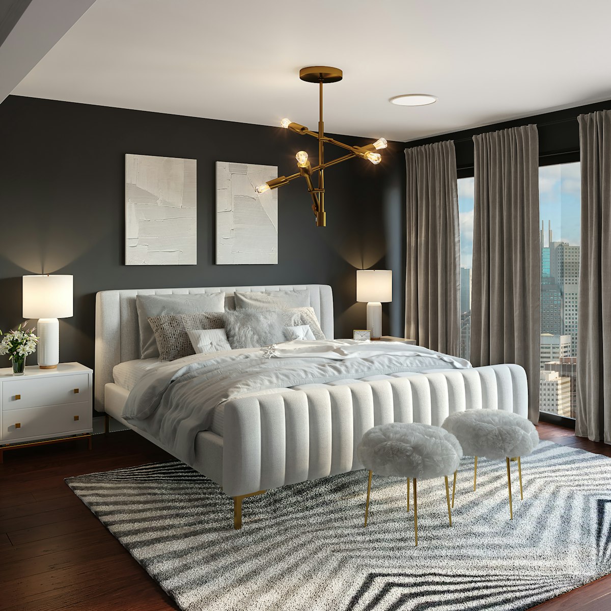 Comfortable bedroom with soft bedding and warm tones